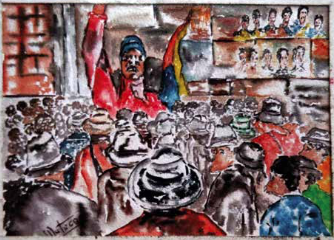 ‘Gaitán y el pueblo’. Acuarela. Tamaño original: 46 x 36. Humberto Castaño Brand, 1988. Incluida en el folleto de la exposición ‘Mataco sin dueño’, de la Galería Bar Rojas, 2019.